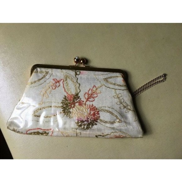 Handbags - Vintage vinyl covered floral embroidered Clutch attached chain purse plastic